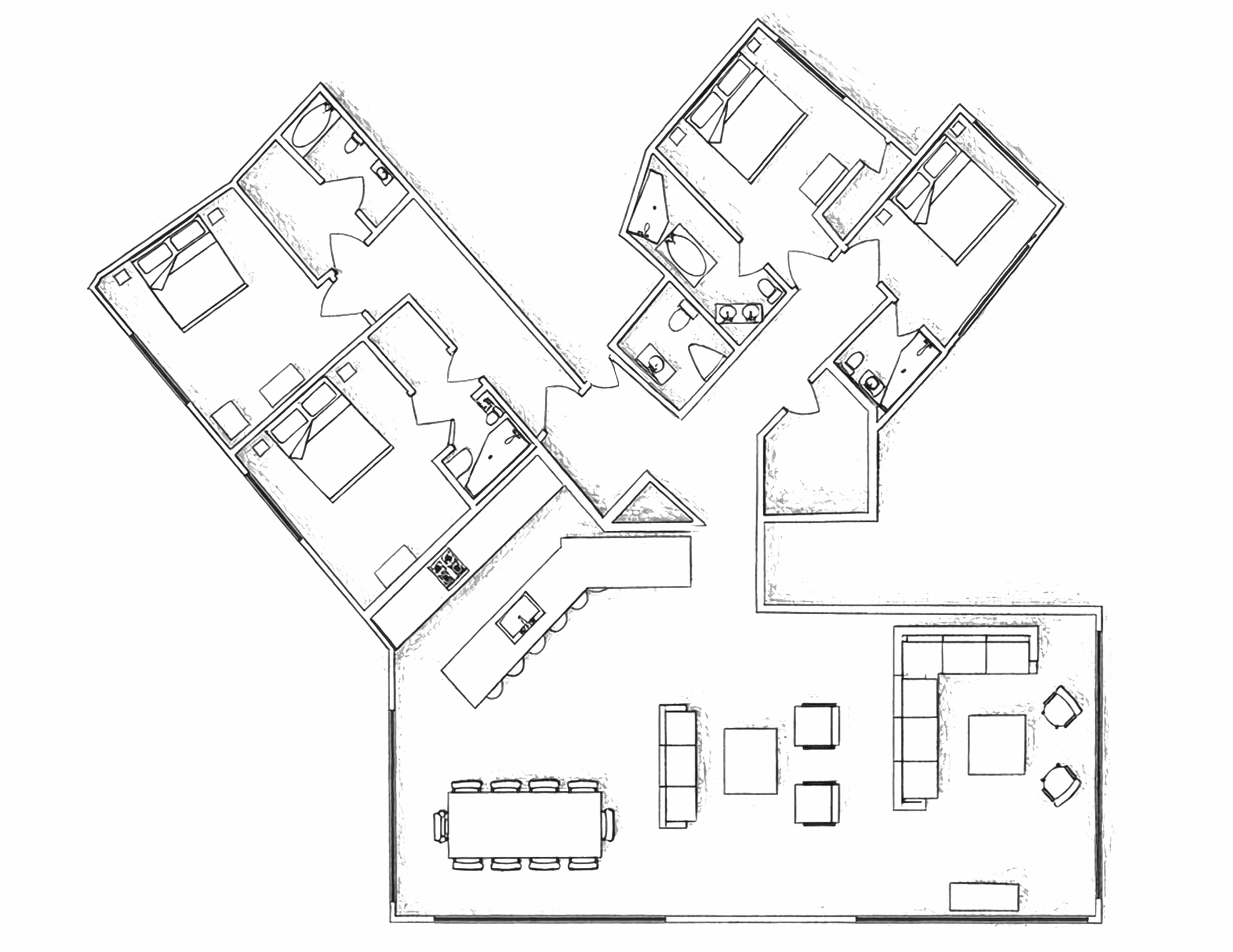 Floor plan of Suite 12 at Ramshorn Lodge, featuring four bedrooms, 4.5 bathrooms, a full kitchen, dining area, living room, and outdoor deck, designed for luxury mountain accommodations.