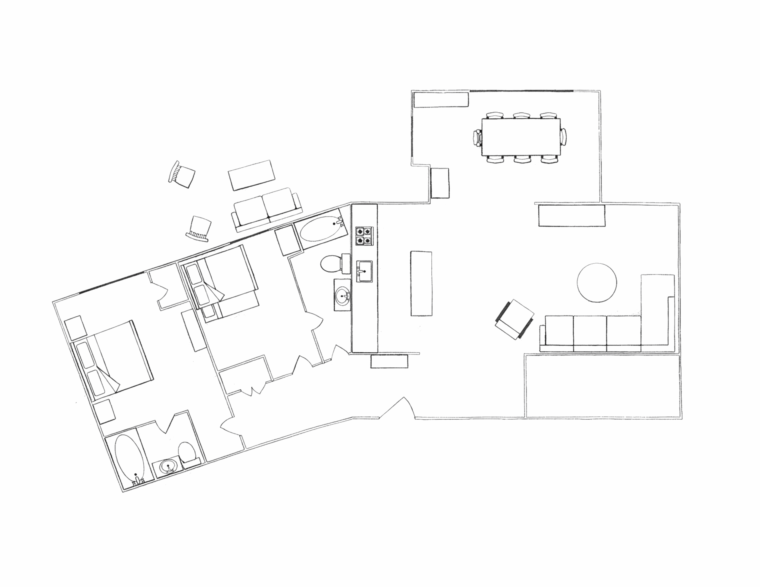 Floor plan of Suite 2 at Ramshorn Lodge, featuring two bedrooms, two bathrooms, a living area, kitchen, dining space, and outdoor patio.