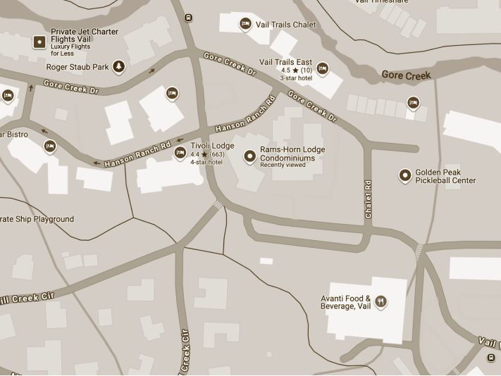 Map of Rams-Horn Lodge location in Vail, Colorado, highlighting nearby attractions and ski-in ski-out access.
