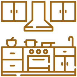 Stylized kitchen illustration featuring cookware and appliances for convenient meal preparation, highlighting the full kitchen amenities available at RamsHorn Lodge.