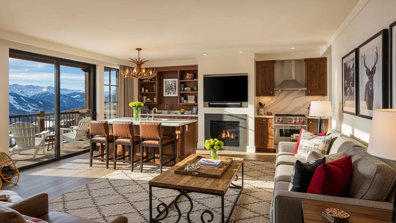 Interior view of a luxurious suite at Ramshorn Lodge showcasing spacious living and stunning mountain views